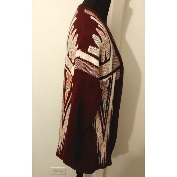 Xhilaration Southwestern Tribal Cardigan Women’s Maroon Open Front Boho Sweater - Picture 3 of 8